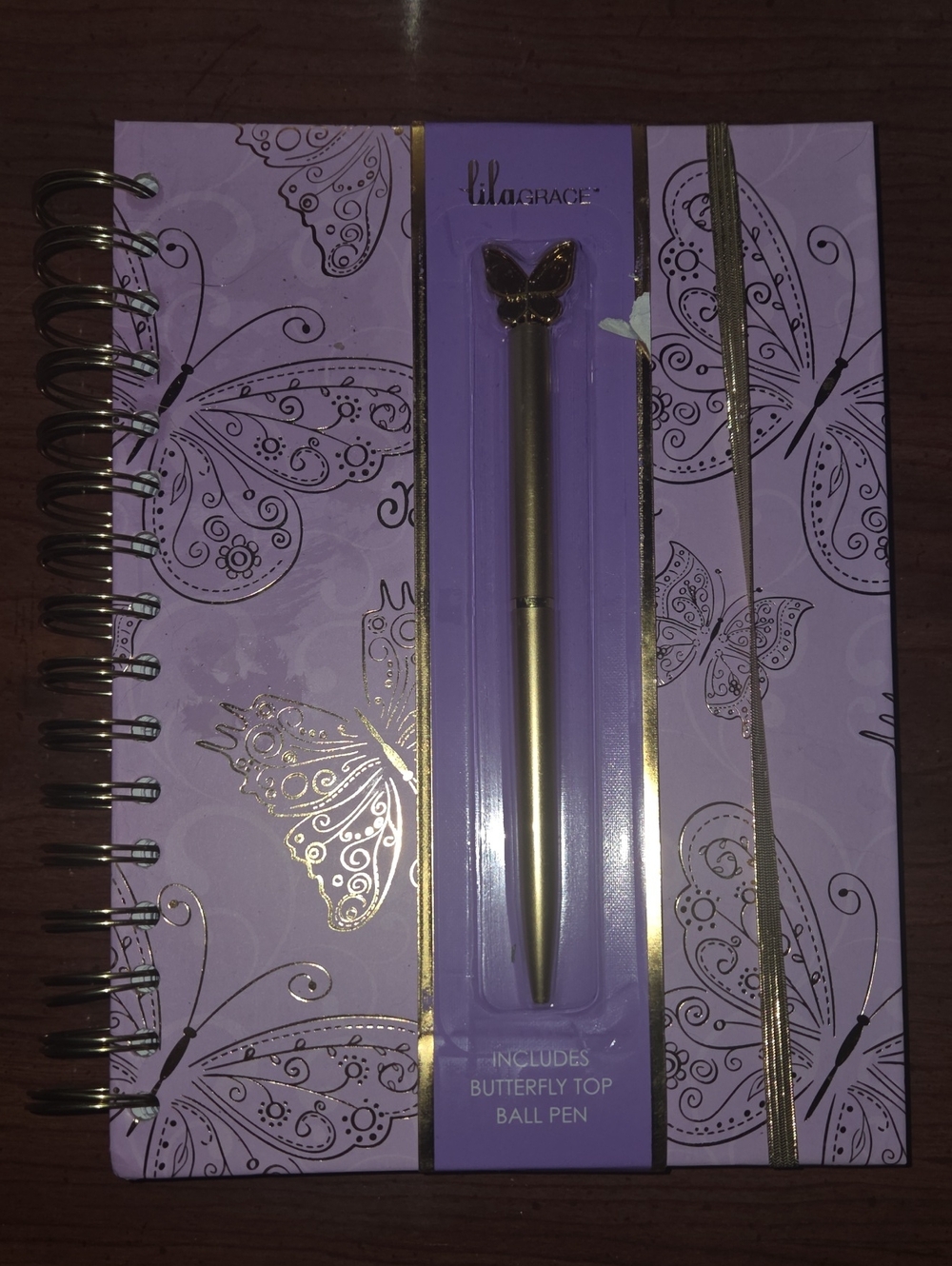 Lavender Butterfly Spiral Notebook with Gold Butterfly Top Pen